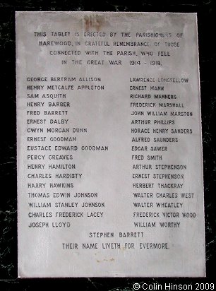 The World War I Memorial Plaque in All Saints Church, Harewood.