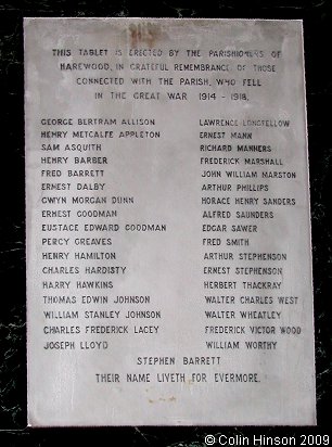 The World War I Memorial plaque in All Saints Church, Harewood.
