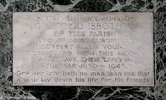 The World War II Memorial plaque in All Saints Church, Harewood.