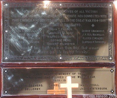 The World War I and II Memorial plaques in St. Paul's URC Church, Harrogate.