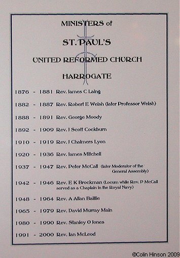 The list of Ministers in St. Paul's United Reform Church, Harrogate.
