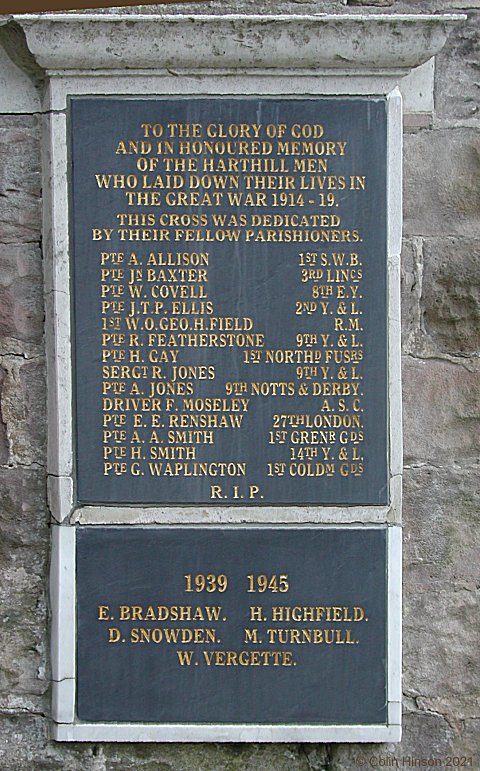 The 1914-1918 and 1939-45 War Memorial Cross and plaques at Harthill.