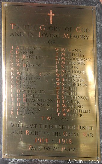 The Memorial plaque for the 1914-18 War in St. Margaret's Church, High Bentham.