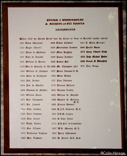 The List of Incumbents on the church wall inside St. Michael's church.
