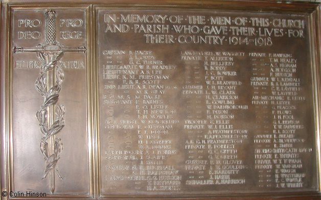 The War Memorial plaque for the 1914-1918 War in All Saints Church, Ilkley.