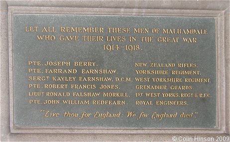 The World War I Memorial plaque in St. Michael's Church, Kirkby Malham.