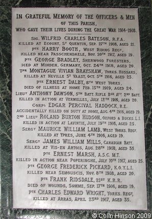 The World War I Memorial plaque in St. Helen's Church, Kirkby Overblow.