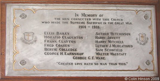 The World War I Memorial Plaque in St. James's Church, Lees.