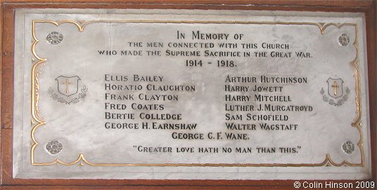 The World War I Memorial plaque in St. James's Church, Lees.