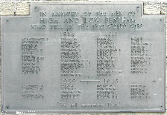 The World War I and II Memorial plaque for High and Low Bentham at St. John's Church, Low Bentham.