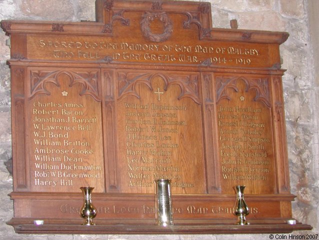 The Memorial plaque in Bartholomew's Church, Maltby.