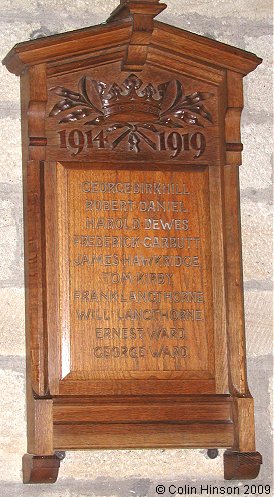 The World War I Memorial plaque in Christ Church, Marton cum Grafton.