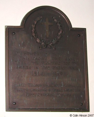 The Memorial plaque in St. John's Church, Mickley.
