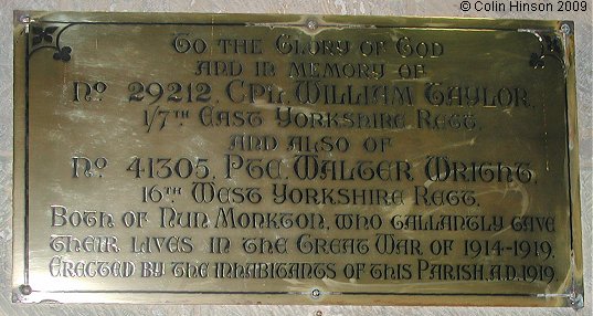 The World War I Memorial plaque in St. Mary's Church, Nun Monkton.