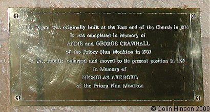 The Memorial plaque in St. Mary's Church, Nun Monkton.