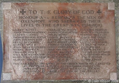 The World War I Memorial plaque in St. Mary's Church, Oxenhope.