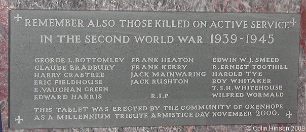 The World War II Memorial plaque in St. Mary's Church, Oxenhope.