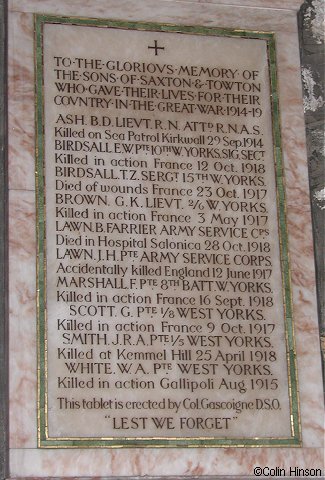 The War Memorial plaque in All Saints Church, Saxton.