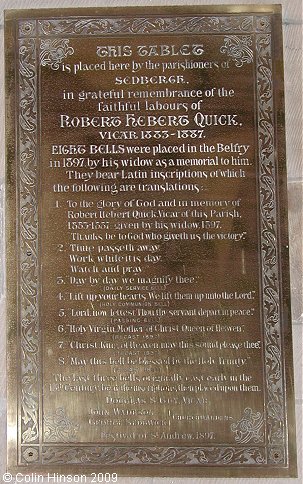 The Plaque in memory of R.H. Quick, Vicar 1883-1887 in St. Andrew's Church, Sedbergh.