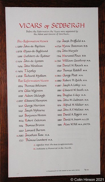 The List of Vicars of Sedbergh.