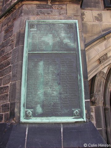 The War Memorial Plaque on the wall of St. Mathew's Church, Sheffield.