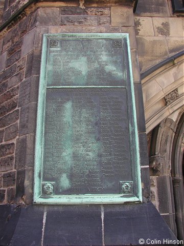 The War Memorial plaque on the wall of St. Mathew's Church, Sheffield.