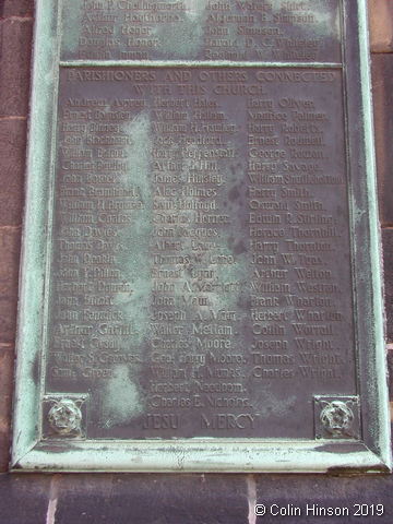 The War Memorial plaque on the wall of St. Mathew's Church, Sheffield.