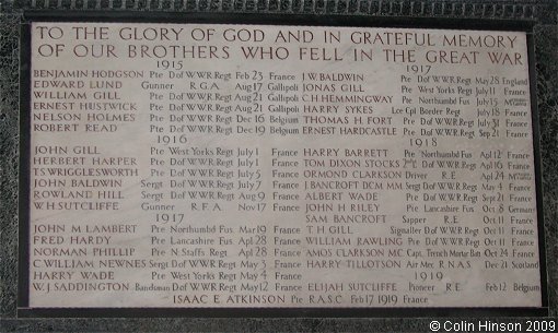 The World War I Memorial Plaque in St. James's Church, Silsden.