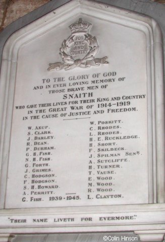 The War Memorial Plaque in the Priory Church, Snaith.
