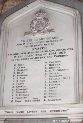 The War Memorial plaque in the Priory Church, Snaith.