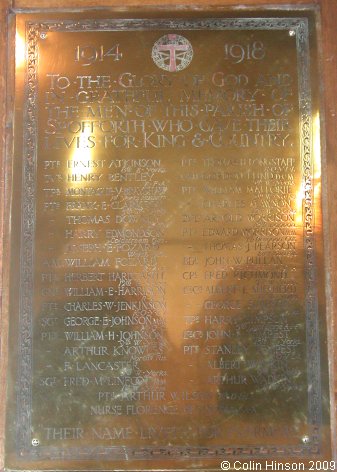 The World War I Memorial Plaque in All Saints Church, Spofforth.