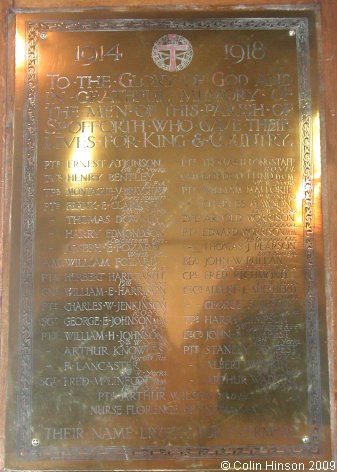 The World War I Memorial plaque in All Saints Church, Spofforth.