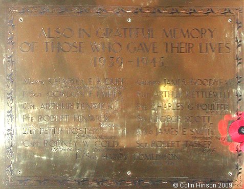 The World War II Memorial plaque in All Saints Church, Spofforth.