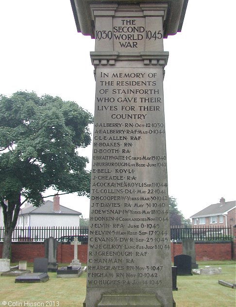 The World Wars I and II War Memorial in Stainforth Cemetery.
