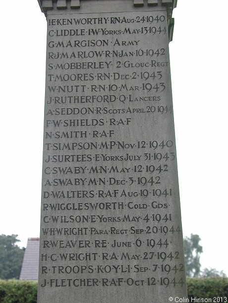 The World Wars I and II War Memorial in Stainforth Cemetery.