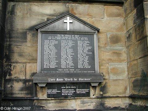 The War Memorial on the wall of St. Peter's Church, Stanley.