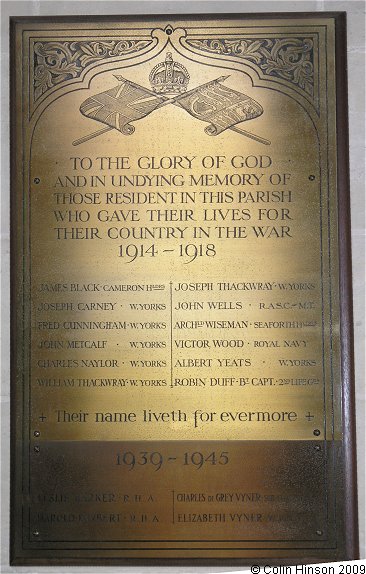 The World War I and II Memorial Plaque in St. Mary's Church, Studley Roger.