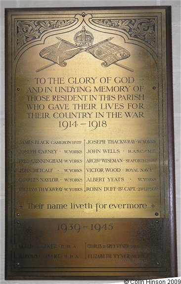 The World War I and II Memorial plaque in St. Mary's Church, Studley Roger.