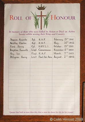 The World War II Memorial plaque in St. Peter's Church, Thorner.
