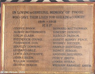 The World War I Memorial plaque in Holy Trinity Church, Thurgoland.