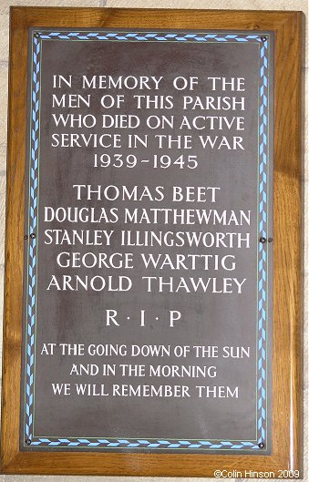 The World War II Memorial plaque in Holy Trinity Church, Thurgoland.