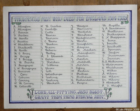 The World War I Memorial plaque in St. Helen's Church, Thurnscoe.