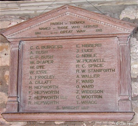 The War Memorial Plaque in St. Peter and St. Paul's Church porch, Todwick.