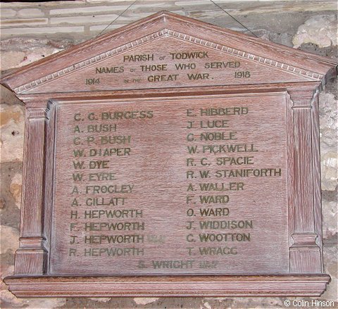The War Memorial plaque in St. Peter and St. Paul's Church porch, Todwick.