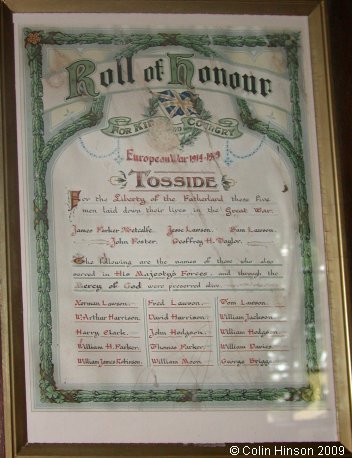 The World War I Memorial plaque in St. Bartholomew's Church, Tosside.