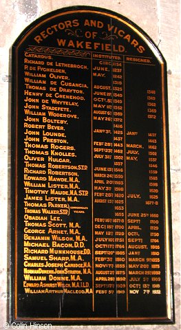 The List of Vicars in The Cathedral, Wakefield.