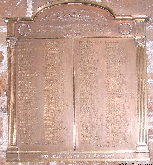 The World War I Memorial Plaque to the men of Wath Main Colliery, in All Saints Church, Wath upon Dearne.