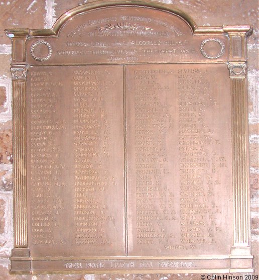 The World War I Memorial plaque to the men of Wath Main Colliery, in All Saints Church, Wath upon Dearne.