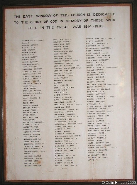 The World War I Memorial plaque in All Saints Church, Wath upon Dearne.