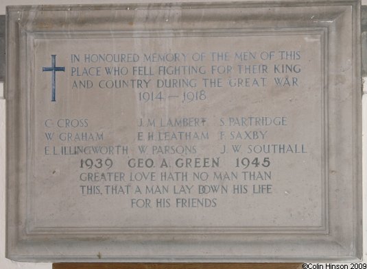 The World Wars I and II Memorial Plaque in St. John's Church, Wentbridge.